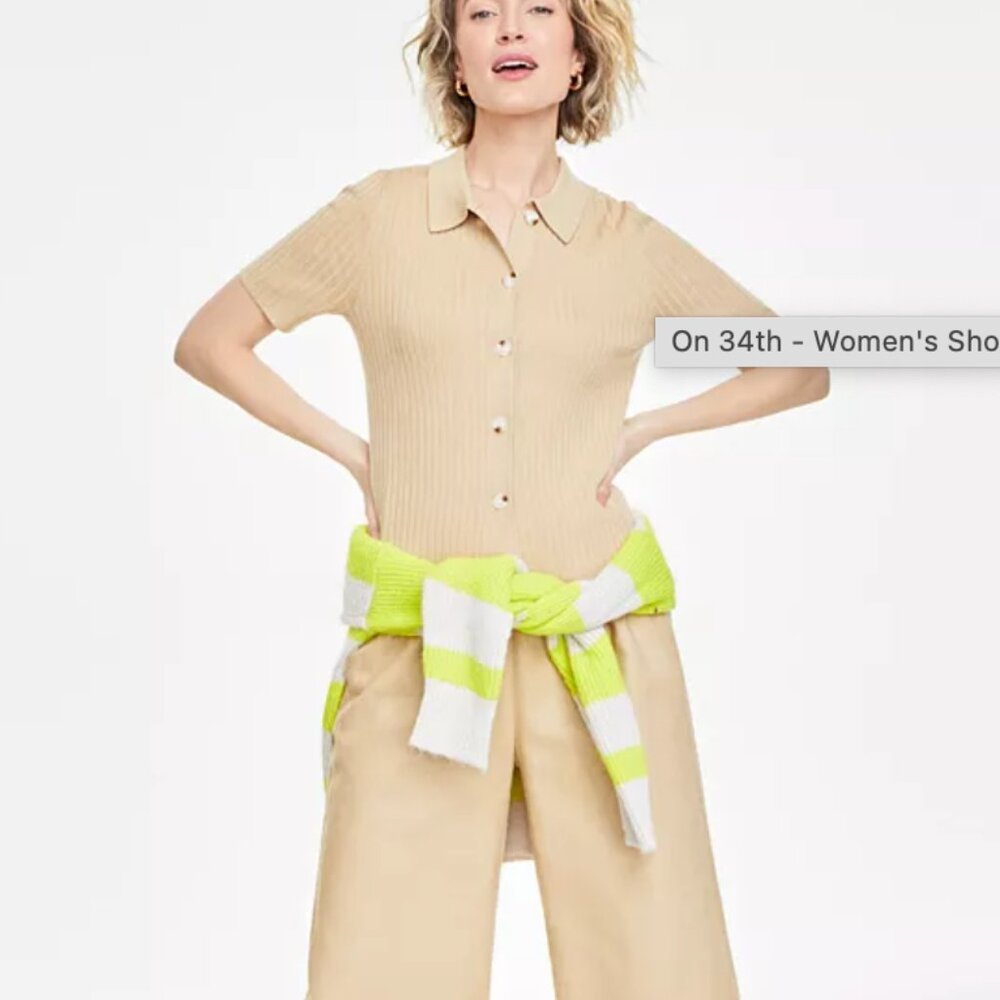 Women's Short-Sleeve Ribbed Polo Sweater, Created for Macy's